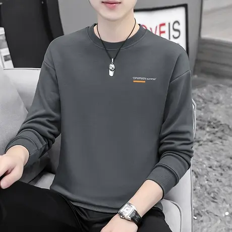 男生卫衣春秋款潮牌字母印花圆领无帽上衣服加绒长袖t恤简约百搭商品大图