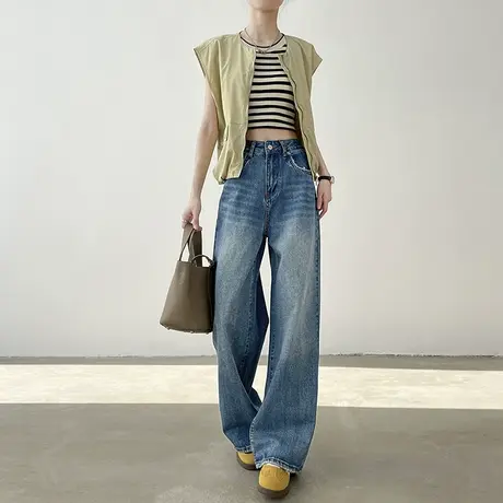 复古美式牛仔裤女春秋季新款高腰直筒显瘦水洗做旧宽松阔腿长裤子图片