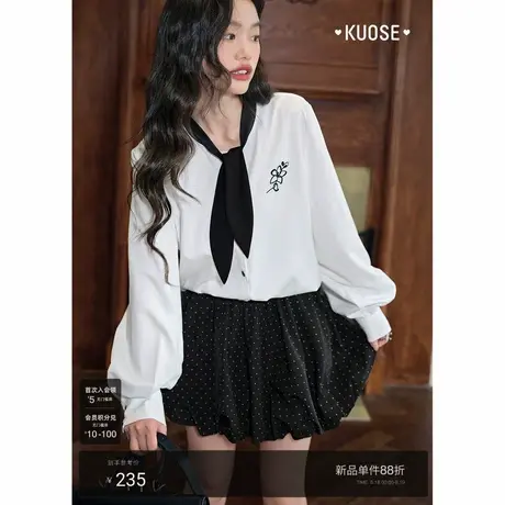 阔色领结飘带白衬衫2025秋季小众设计感穿搭新款女装长袖衬衣上衣商品大图
