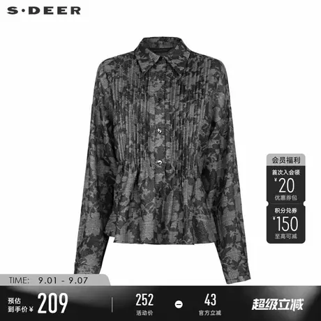 sdeer圣迪奥春秋装女装复古翻领风琴褶印花长袖衬衫S241Z0512图片