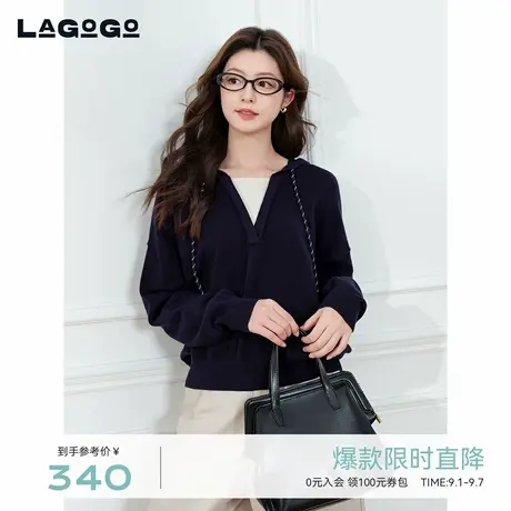 LAGOGO藏青色连帽落肩针织衫女拉谷谷2025秋新款上衣OCMM458B22商品大图