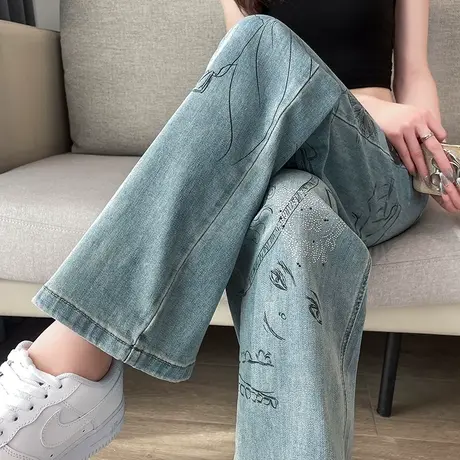阔腿牛仔裤女2023年春秋新款高腰窄版宽松显瘦印花涂鸦小众直筒裤商品大图
