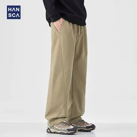 hansca直筒工装休闲裤男春秋季美式复古宽松抽绳运动拼接百搭长裤商品大图