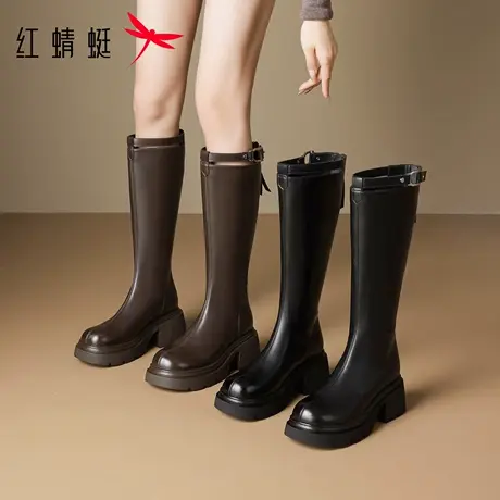 红蜻蜓长筒靴女2025秋冬新款加绒粗跟百搭气质增高弹力瘦瘦靴女鞋图片