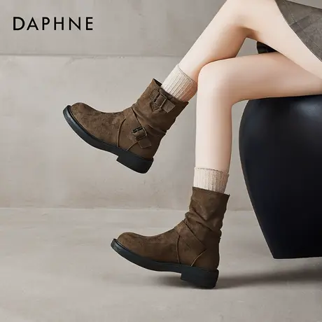 达芙妮棕色短靴女2025秋冬新款厚底美拉德西部靴复古中筒马丁靴子图片
