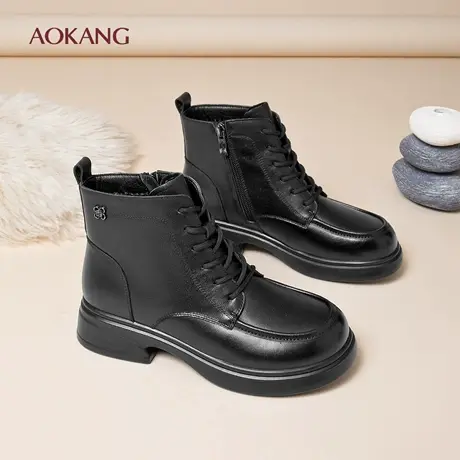 奥康 女鞋2025冬季新款真皮粗跟马丁靴软底舒适加绒棉鞋N图片