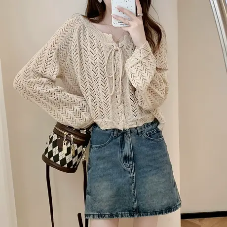 唐狮春夏季微镂空针法系带开衫薄款宽松型针织圆领针织衫TD图片