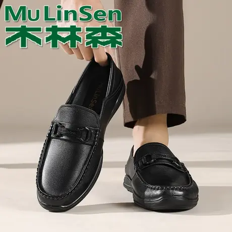 木林森头层牛皮休闲皮鞋男2026新款软底百搭乐福鞋真皮懒人豆豆鞋商品大图