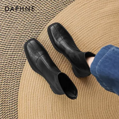 达芙妮黑色短靴女款2026新款方头复古瘦瘦靴秋冬季加绒粗跟马丁靴商品大图