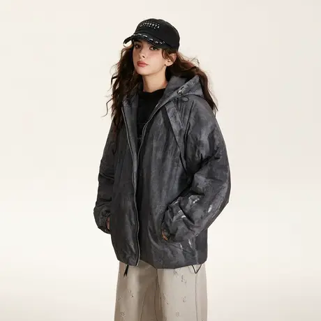 潮牌扎染连帽棉服女加厚冬季外套2023新款爆款设计感复古宽松棉衣图片