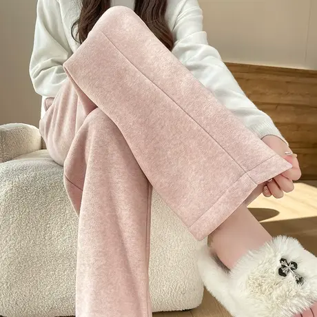 粉色加绒阔腿裤女秋冬新款高腰垂感宽显瘦松仿毛绒加厚直筒休闲裤图片