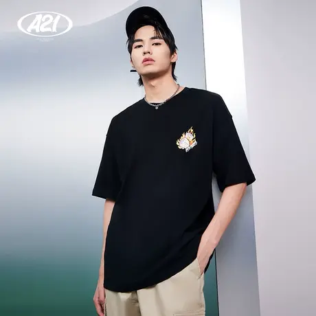 A21outlets男装宽松圆领落肩短袖T恤衫夏季简约百搭潮酷纯棉上衣图片