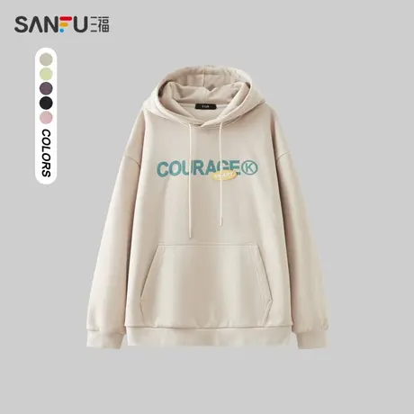 三福2023冬男士蜡染胶标抽绳连帽卫衣 学院休闲宽松上衣477096商品大图