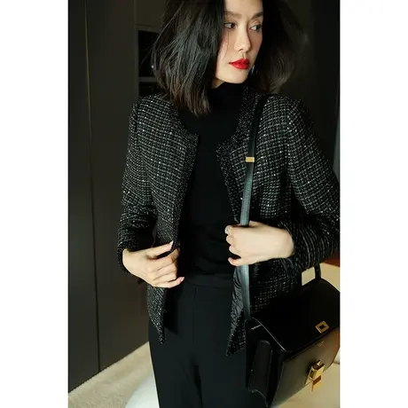 23秋冬新款女装小香风优雅气质百搭修身粗花呢钉珠女士上衣短外套图片