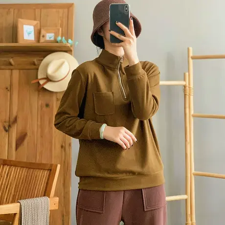 dza 复古拉链高领长袖打底衫女秋冬洋气内搭上衣宽松漂亮弹力T恤图片