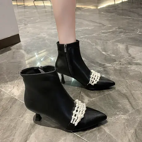 法式尖头高跟短靴女2023年新款秋季瘦瘦靴通勤气质珍珠短款马丁靴商品大图