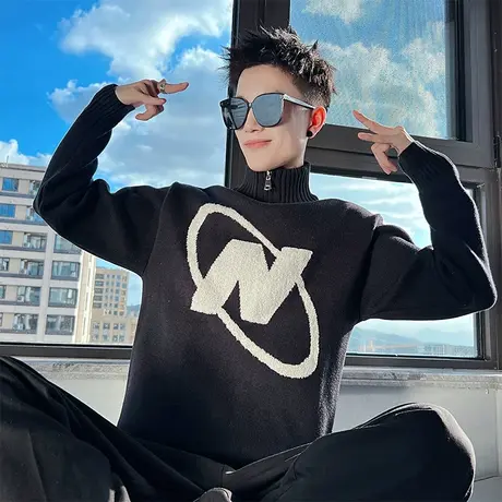 秋冬款高领半拉链毛衣重磅字母提花针织打底衫潮牌内搭线衣外套图片