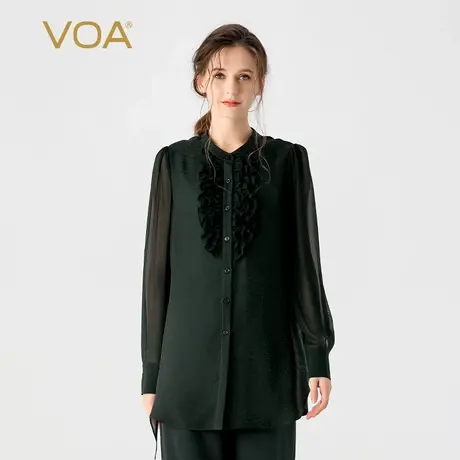 VOA桑蚕丝暗纹提花墨绿色圆领单排扣褶皱衬衫袖拼接乔其真丝衬衫图片