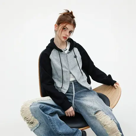 潮牌复古拼接开衫连帽卫衣女春秋2023新款修身短款插肩袖运动外套商品大图