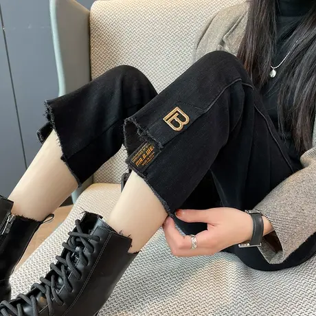 直筒牛仔裤女黑色裤子春秋季新款小个子八九分高腰显瘦毛边烟管裤图片