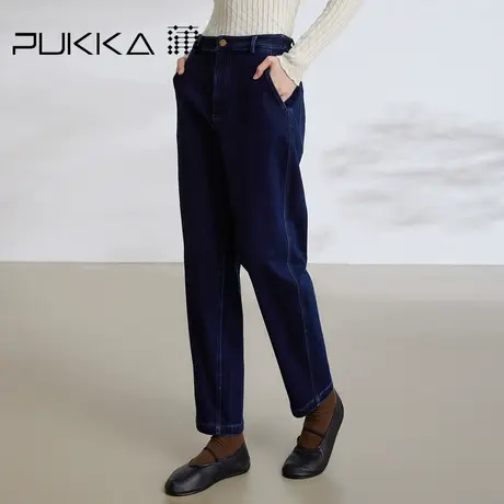 蒲PUKKA 秋冬新款抓绒牛仔裤女宽松显瘦高腰直筒萝卜裤商品大图