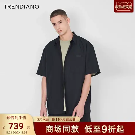 【莫代尔】TRENDIANO轻奢纯黑色衬衫2023夏款透气宽松短袖衬衣潮商品大图