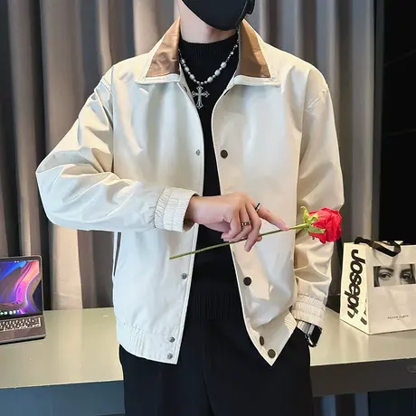 潮牌个性拼色外套男士秋季新款修身百搭休闲ins原宿学生夹克上衣商品大图