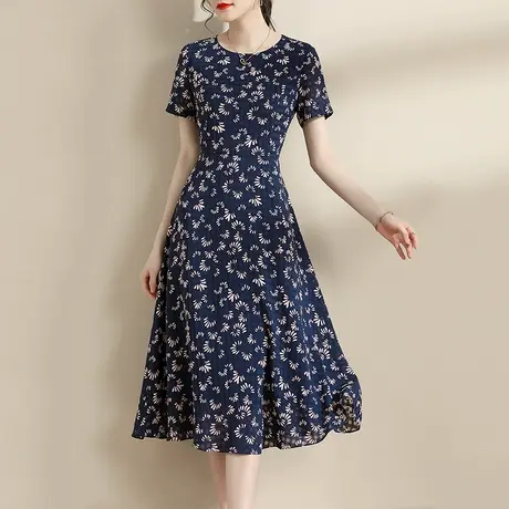 【1件7.9折】夏季新品百搭显瘦花色裙子时尚中长款短袖连衣裙商品大图