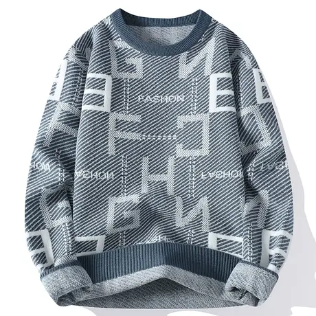 2023秋冬季新款圆领针织衫青少年学生潮牌男士毛衣提花字母打底衫商品大图