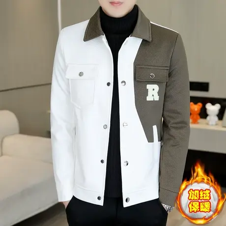 潮流时尚加绒夹克秋冬季高级感翻领加厚工装外套痞帅保暖拼色褂子商品大图