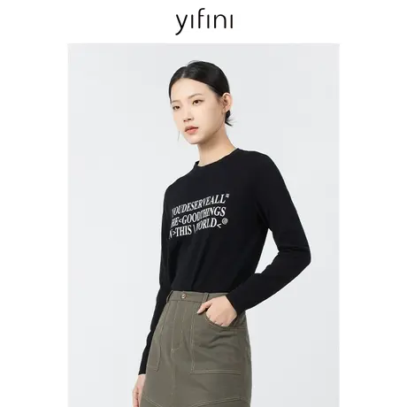 Yifini/易菲100%纯棉长袖字母印花针织毛衫女春秋新款打底衫商品大图