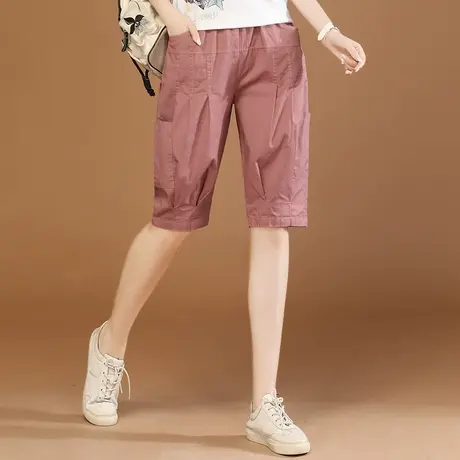 韩潮袭人松紧腰宽松哈伦五分裤女2023夏季新款热裤粉色休闲裤薄款图片
