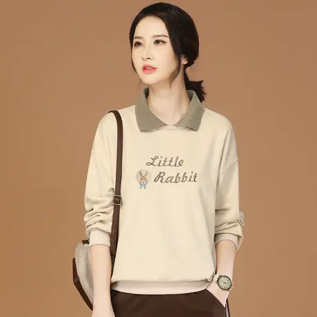 韩潮袭人娃娃领字母刺绣美式卫衣女2023秋季新款宽松长袖T恤上衣图片