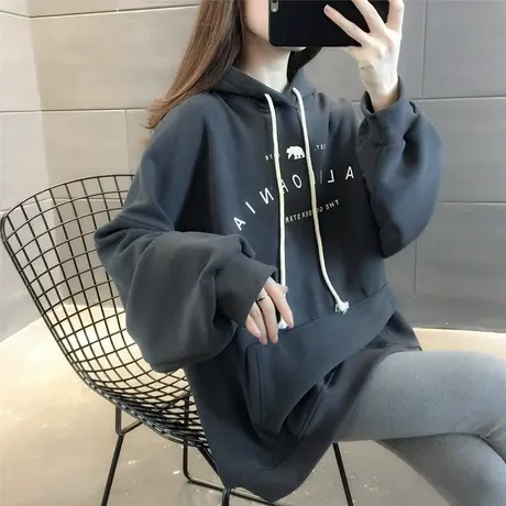 中长款字母印花连帽卫衣女加绒加厚套头衫2023年秋冬新款韩版带帽商品大图