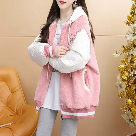 设计感连帽羊羔毛开衫外套女2024新款春季爆款洋气宽松慵懒风上衣图片