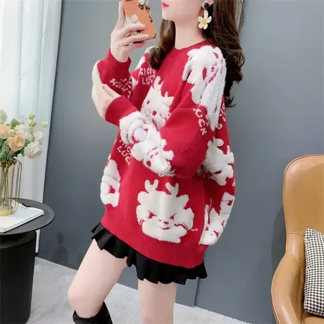 设计感新年红色圣诞圆领毛衣女冬季加厚奶fufu小个子百搭针织上衣图片