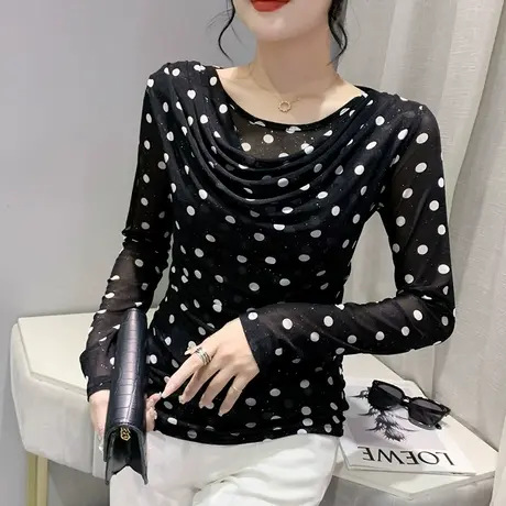 欧货波点T恤女长袖ins设计感网纱垂感上衣春秋修身百搭洋气打底衫商品大图