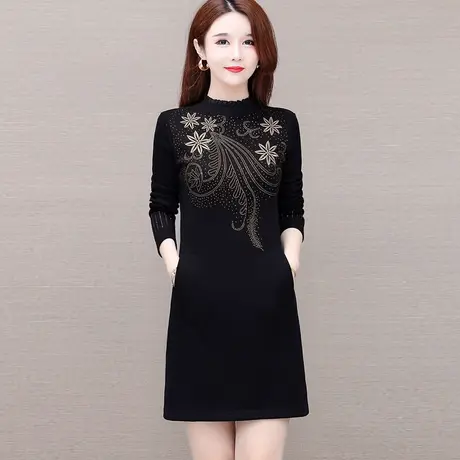 中长款加绒加厚打底衫女2023冬季新款减龄大码宽松烫钻别致女上衣商品大图