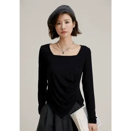 弥古法式方领上衣女春秋黑色长袖正肩t恤修身不规则下摆打底内搭商品大图