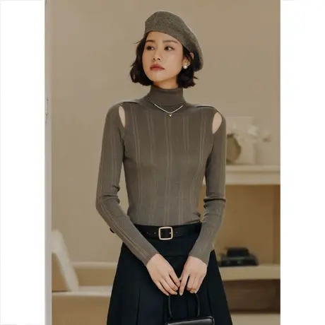 弥古法式挖肩针织衫上衣女小众设计感春秋季高领毛衣打底内搭秋装商品大图