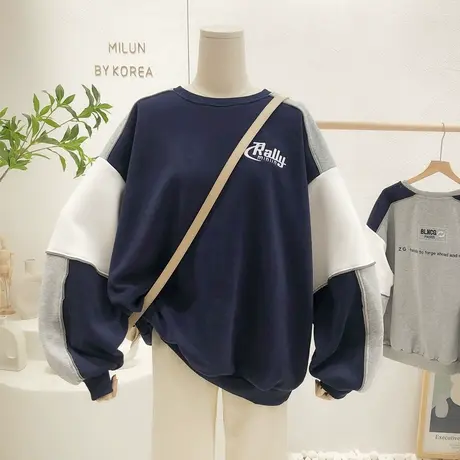 小众复古字母加绒卫衣2021秋冬新款韩国东大门运动休闲厚外套大码商品大图