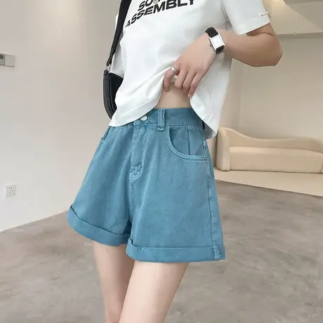 蓝色高腰卷边牛仔短裤女夏季薄款宽松显瘦阔腿a字遮胯设计感热裤商品大图