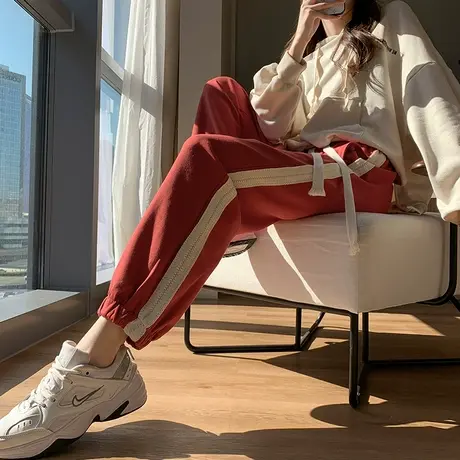 红色运动裤女2024年春装新款高腰宽松显瘦休闲百搭卫裤束脚哈伦裤图片