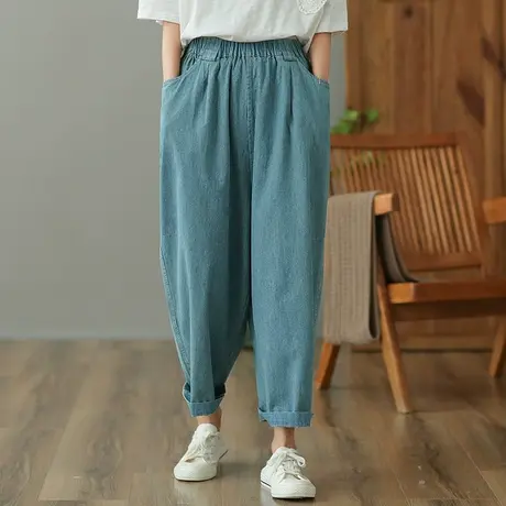 dza 高腰显瘦纯棉牛仔裤女2023夏九分休闲裤宽松百搭哈伦裤直筒裤图片