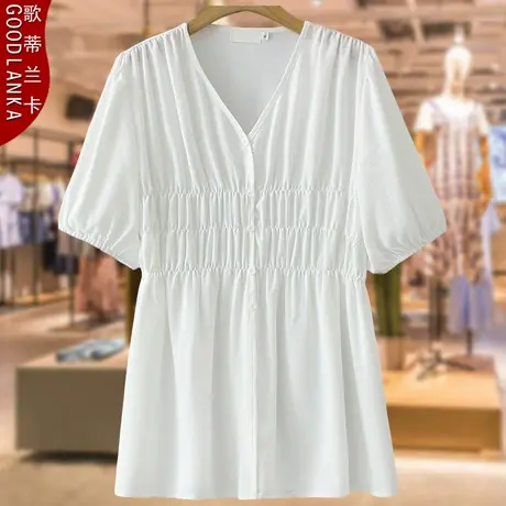 夏季大码200斤白色衬衫女宽松妈妈洋气减龄收腰气质时尚短袖上衣图片