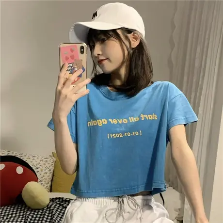短袖t恤女夏2024宽松韩版ins潮辣妹风设计感小众高腰露脐短款上衣商品大图