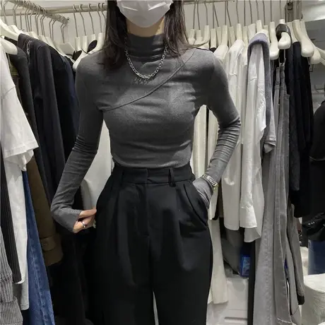 韩国2021秋冬季基础款高领纯色打底t恤衫女内搭修身显瘦长袖上衣商品大图