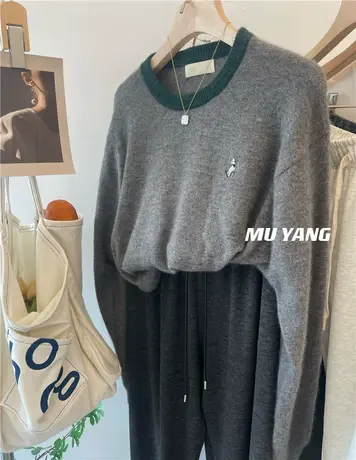 胸口刺绣 圆领长袖韩版宽松套头2023秋冬新款内搭外穿蜜熊绒毛衣图片