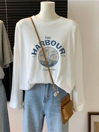 美式宽松正肩长袖t恤女2023新款秋季韩版休闲时尚内搭打底衫上衣商品大图