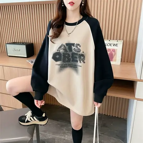 撞色长袖t恤女秋冬季韩版宽松大码中长款加绒内搭德绒上衣打底衫图片